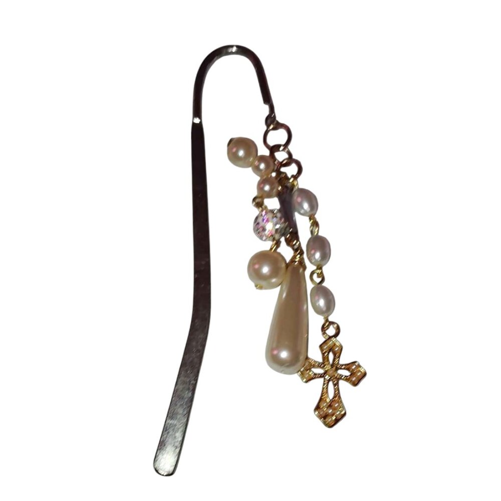 Handmade Bookmark Silver Tone With Dangling White Faux Pearls & Golden Cross